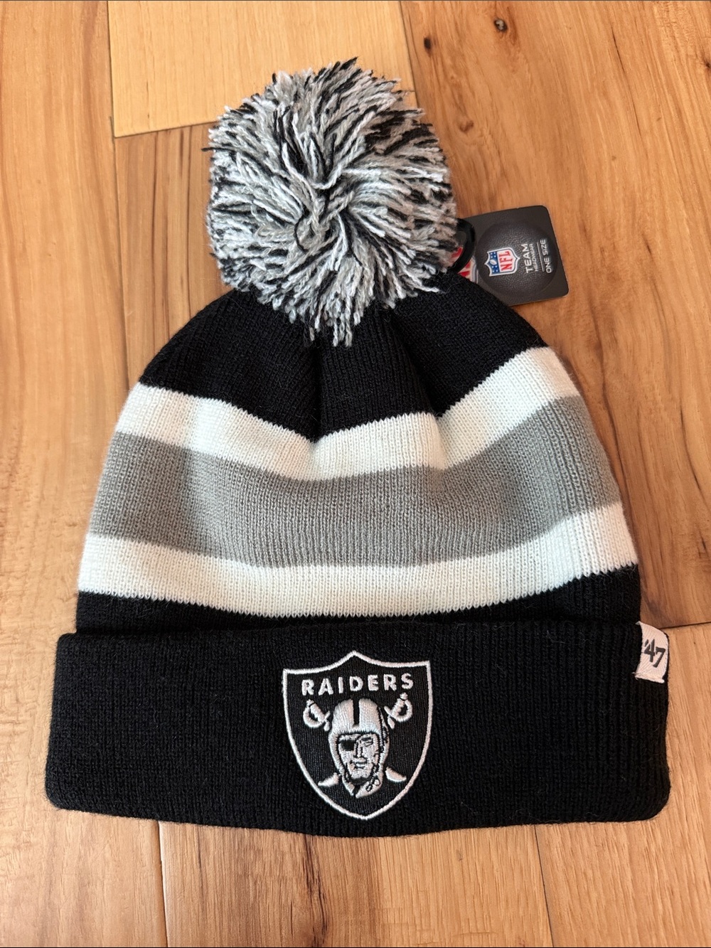 NFL Raiders Black, Gray & White Pom Beanie